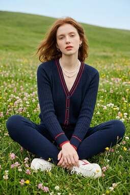 Talbots Navy Ribbed Knit Cardigan with Red Contrast Tipping and Pearlized Button